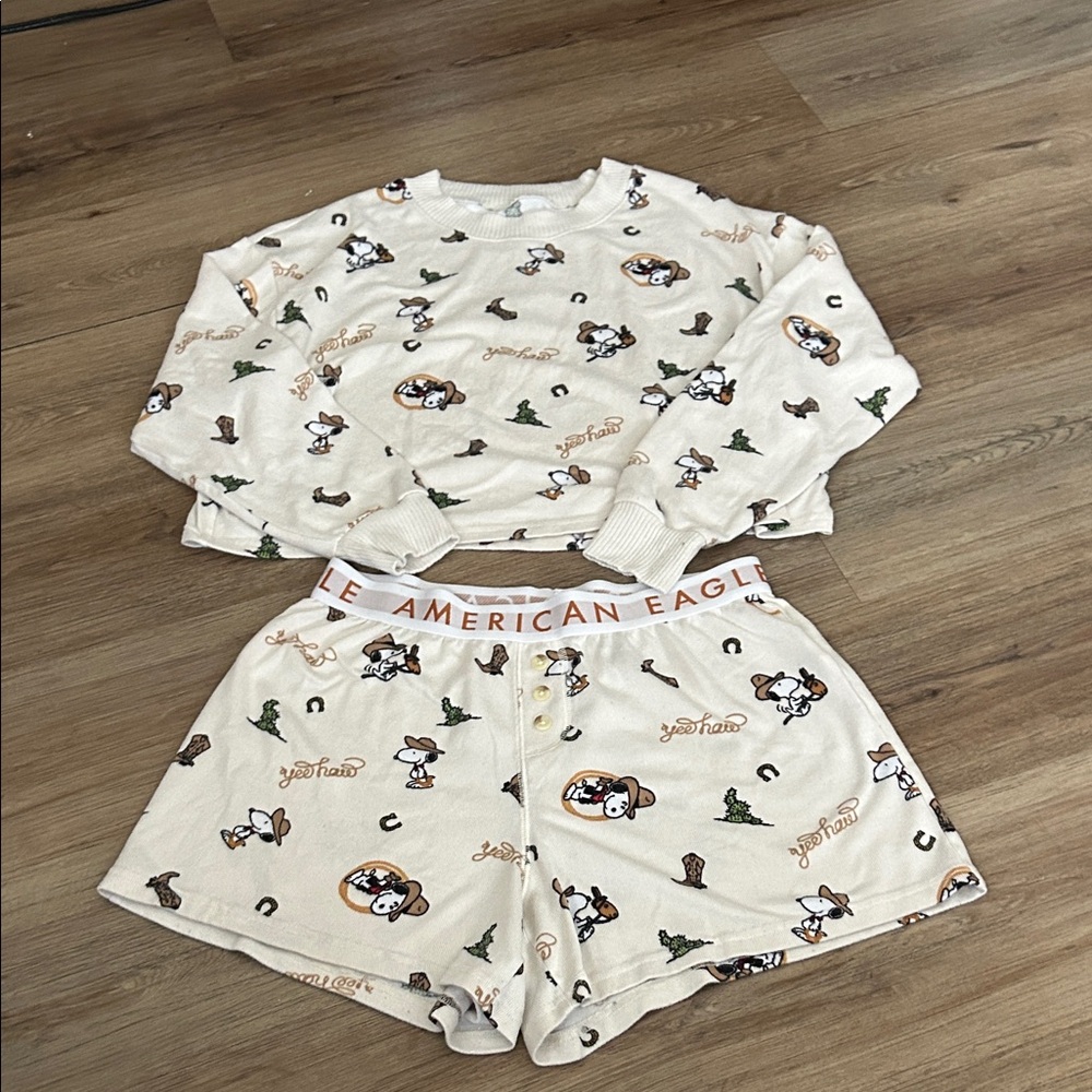American Eagle Outfitters Women Pajama Set - Cream with Fun Prints